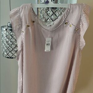 LOFT Women's Pink Striped Blouse with Ruffle Sleeves
